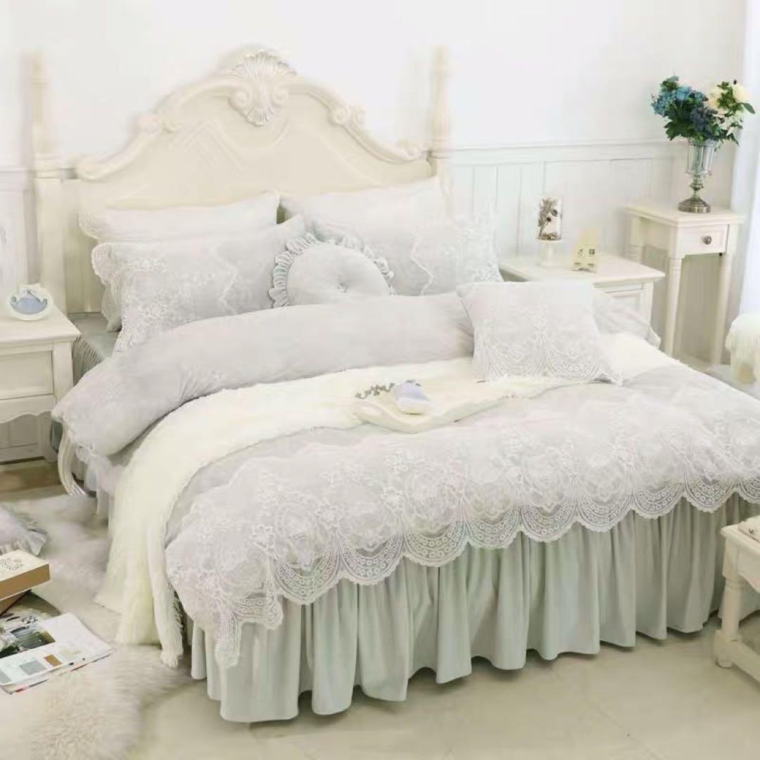 あったかホワイトレースつきスモークグリーンキングサイズシーツセット