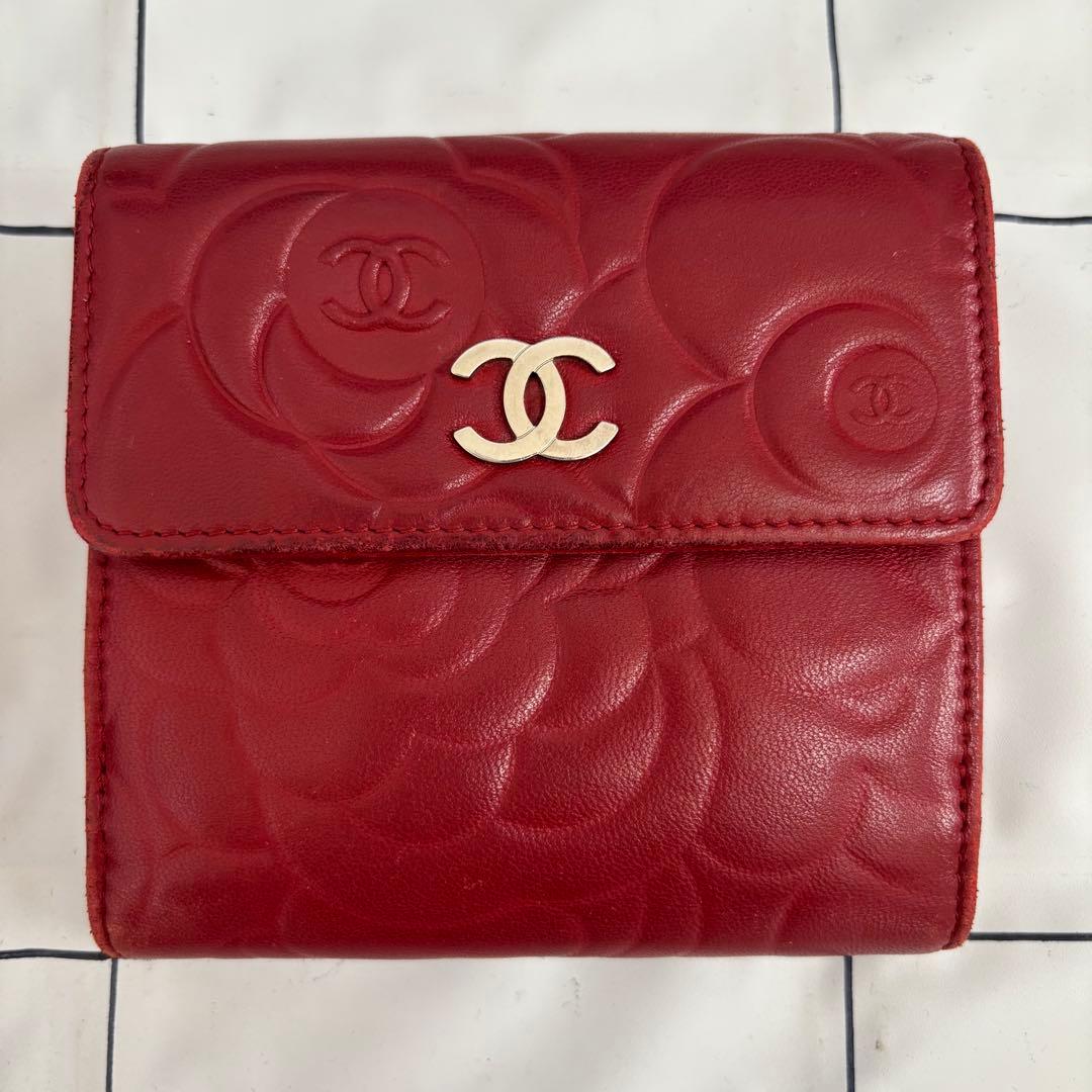 専用　【汚れあり】シャネル　折りたたみ財布　カメリア　赤