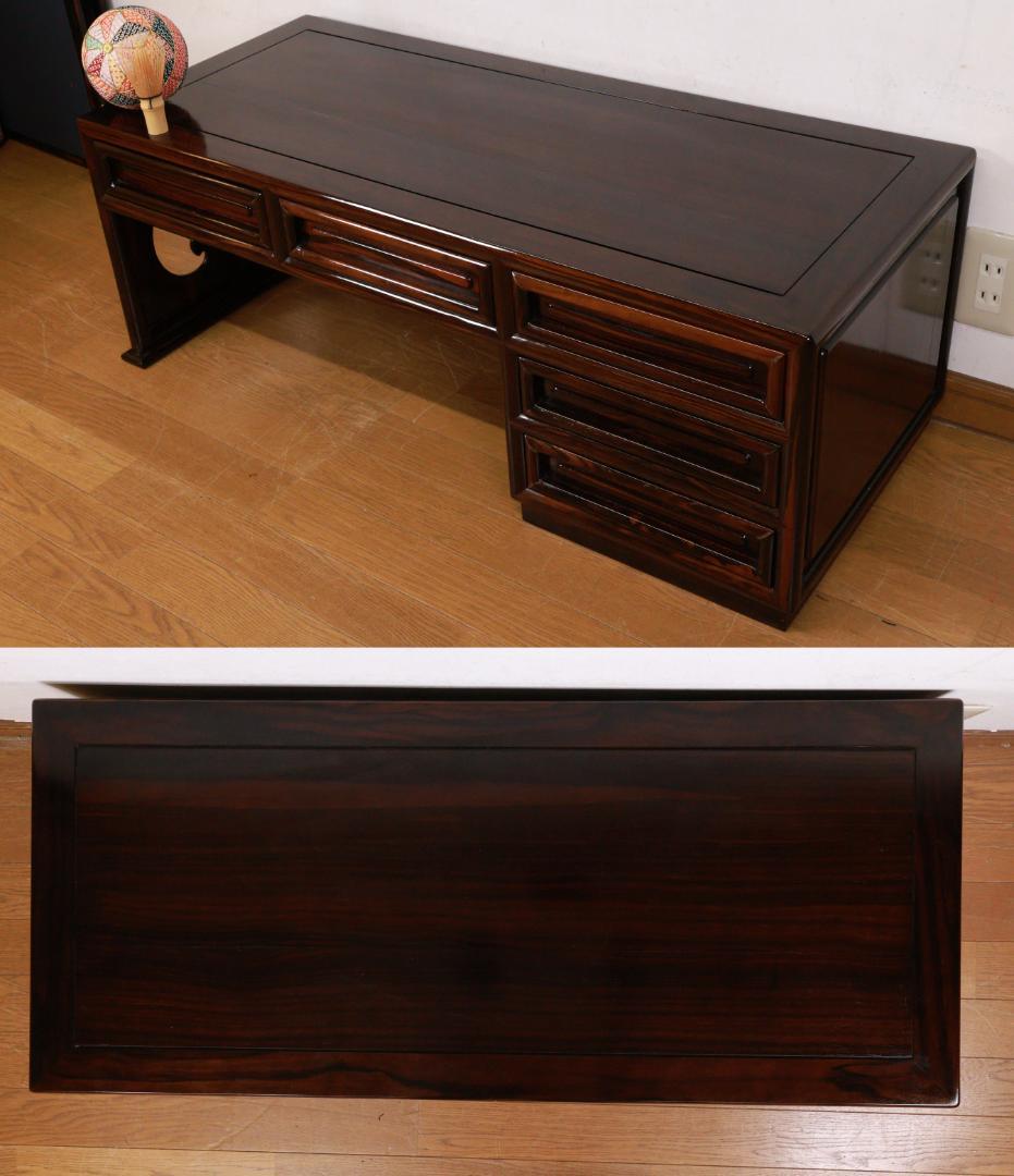 時代家具　縞黒檀　総無垢　文机　片袖　座敷机　文豪机　書斎机 BE989