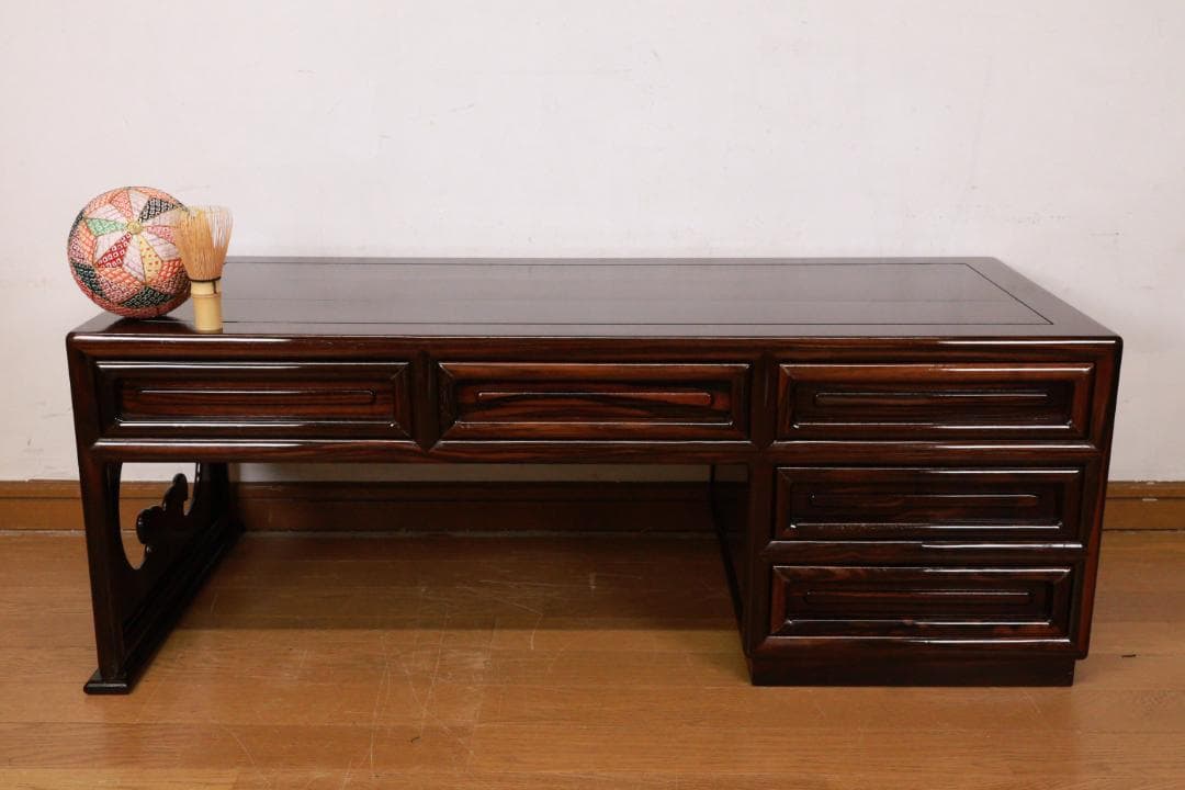 時代家具　縞黒檀　総無垢　文机　片袖　座敷机　文豪机　書斎机 BE989