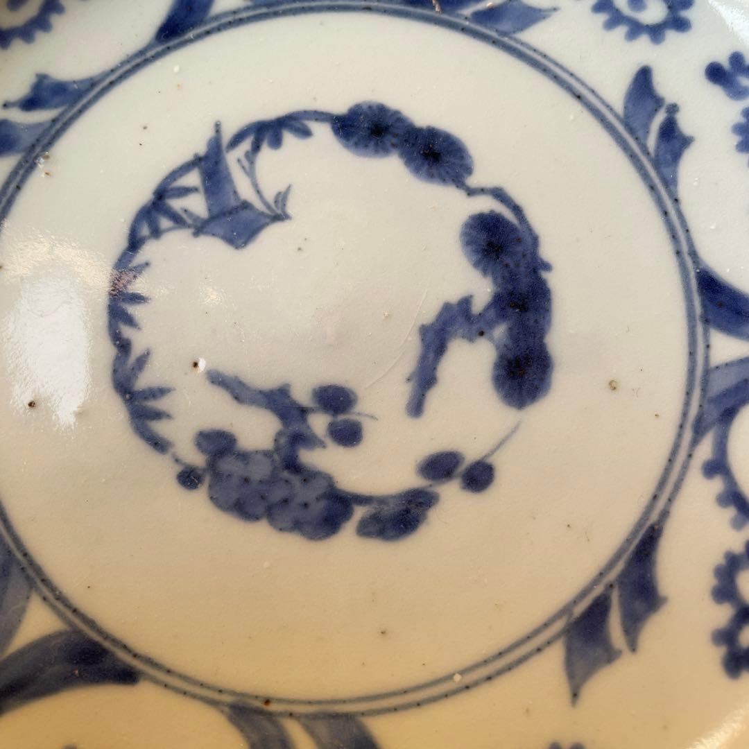 江戸中期　古伊万里　熨斗　松竹梅　吉祥紋様　染付　輪花型　中皿　6寸皿