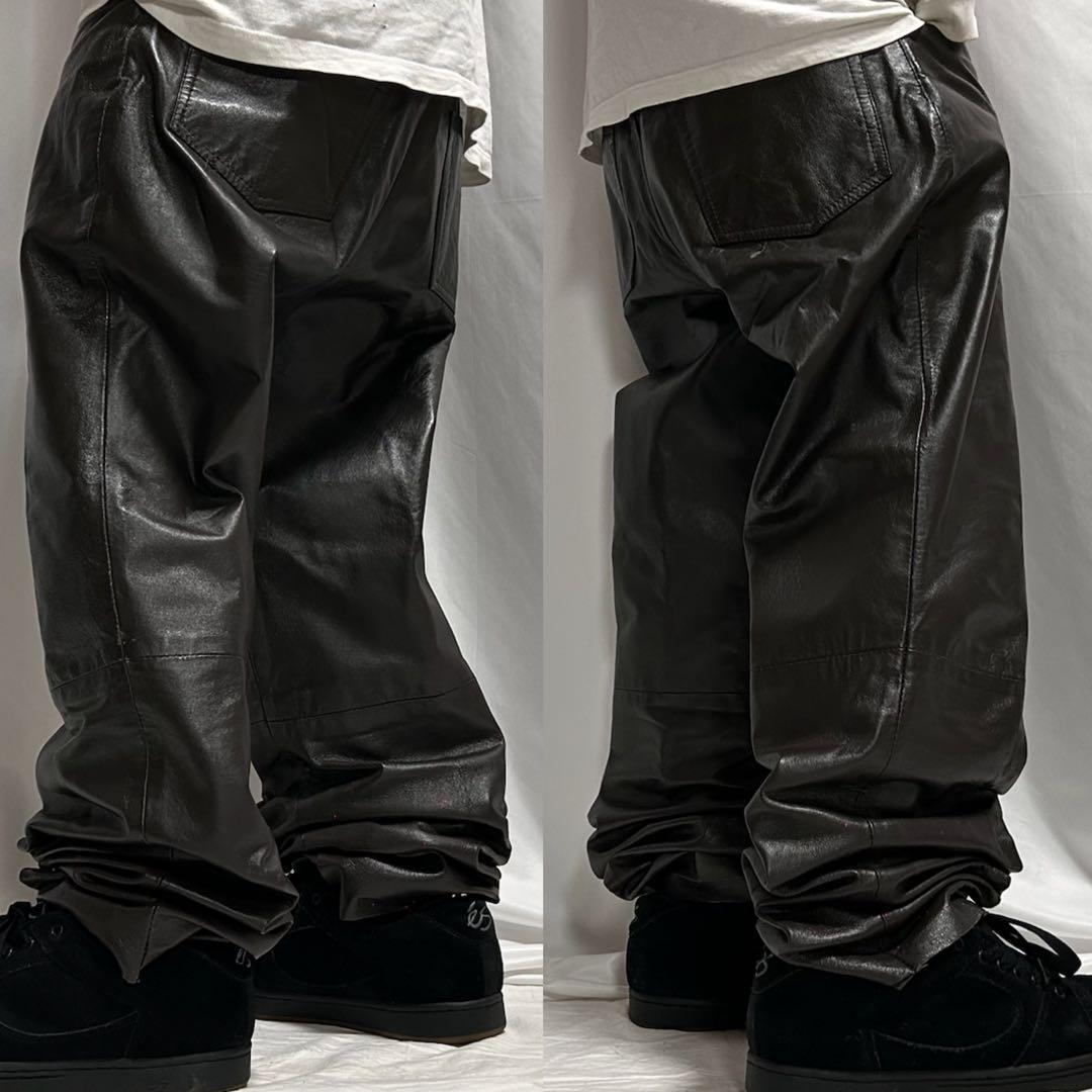 90s USA規格 ピッグスキン 豚革 レザーパンツ バギー ダークブラウン