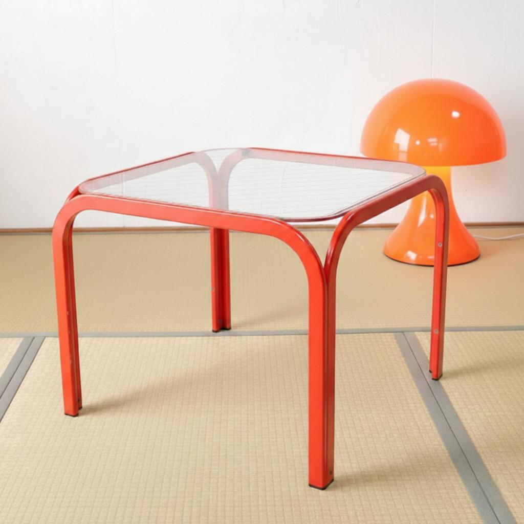 ミッドセンチュリー テーブル 赤 強化ガラス 幅48cm サイドテーブル