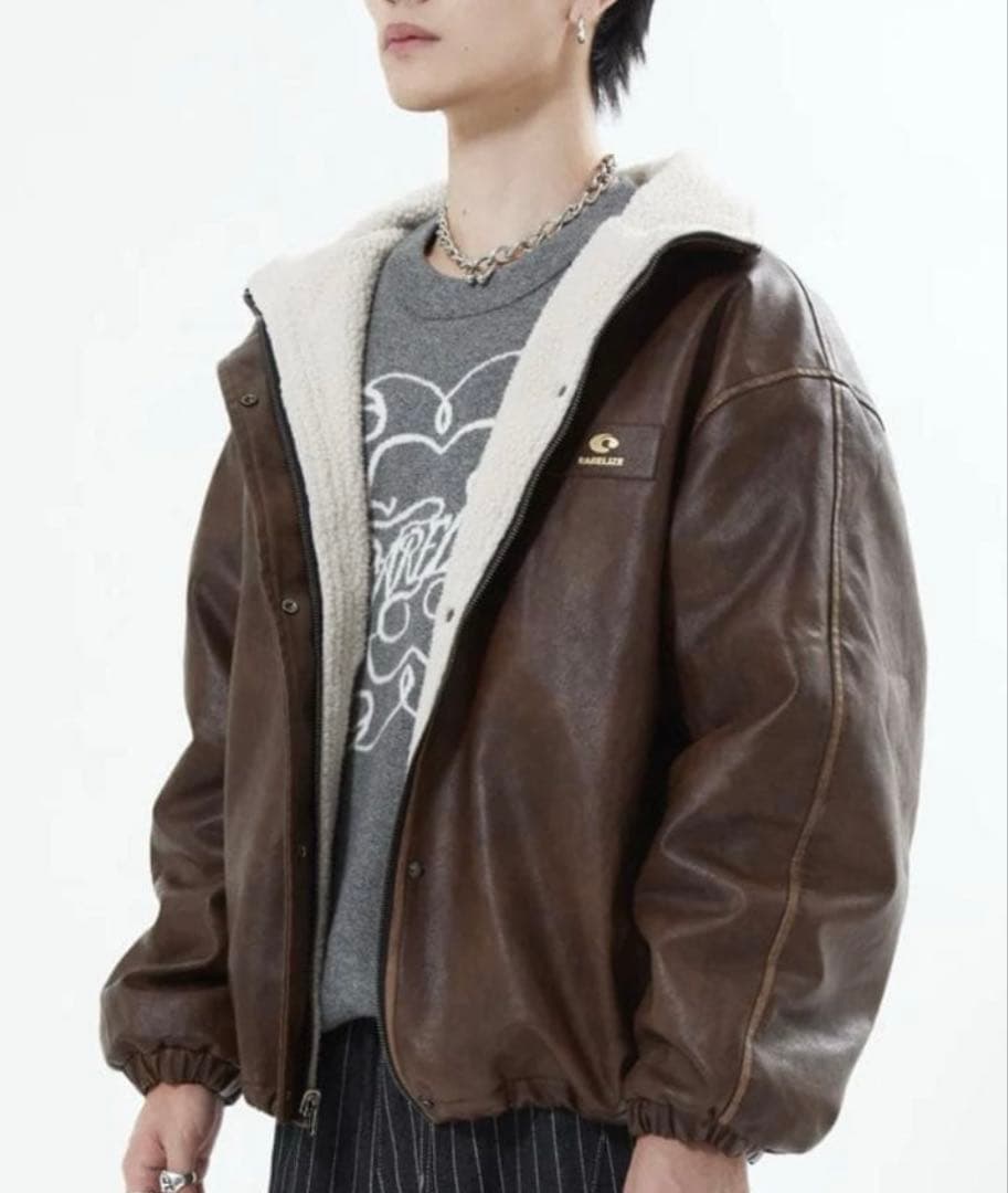 地底人リバーシブルPUレザージャケットbrown