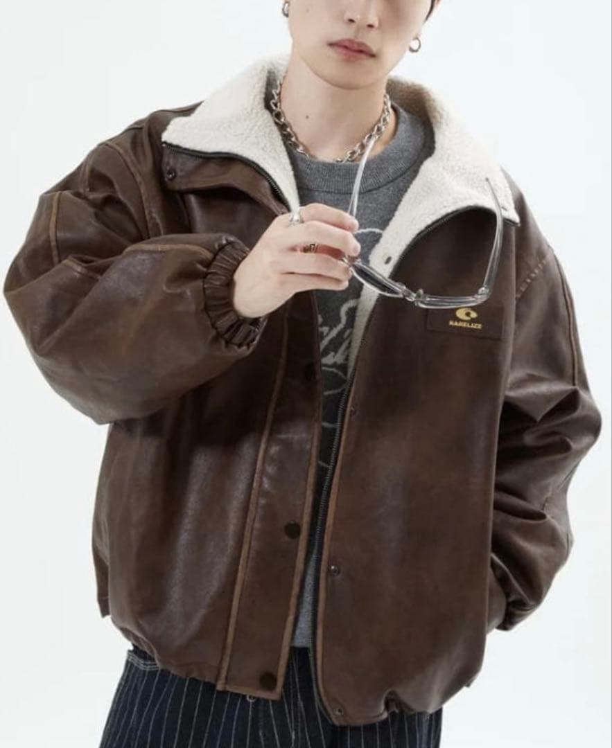 地底人リバーシブルPUレザージャケットbrown