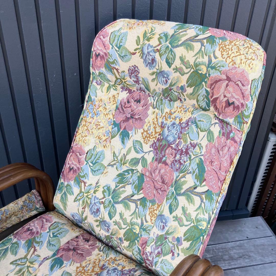 昭和レトロ 花柄ラタンアームチェア 回転式椅子 リクライニングチェア ソファー
