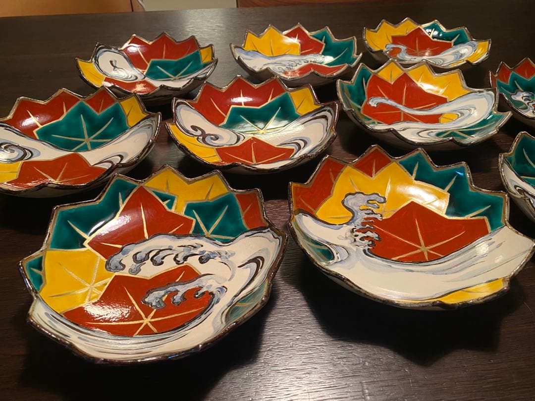 乾山写呉須入り竜田川文向付10種10色絵がわり 10客　清水焼　京器　懐石向付