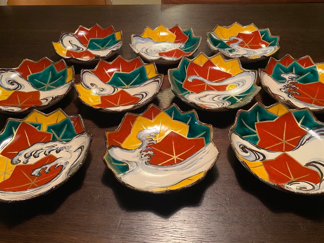 乾山写呉須入り竜田川文向付10種10色絵がわり 10客　清水焼　京器　懐石向付