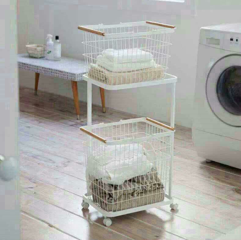 【大人気】洗濯かご ランドリーラックバスケット付き２段ワゴンナチュラル 白