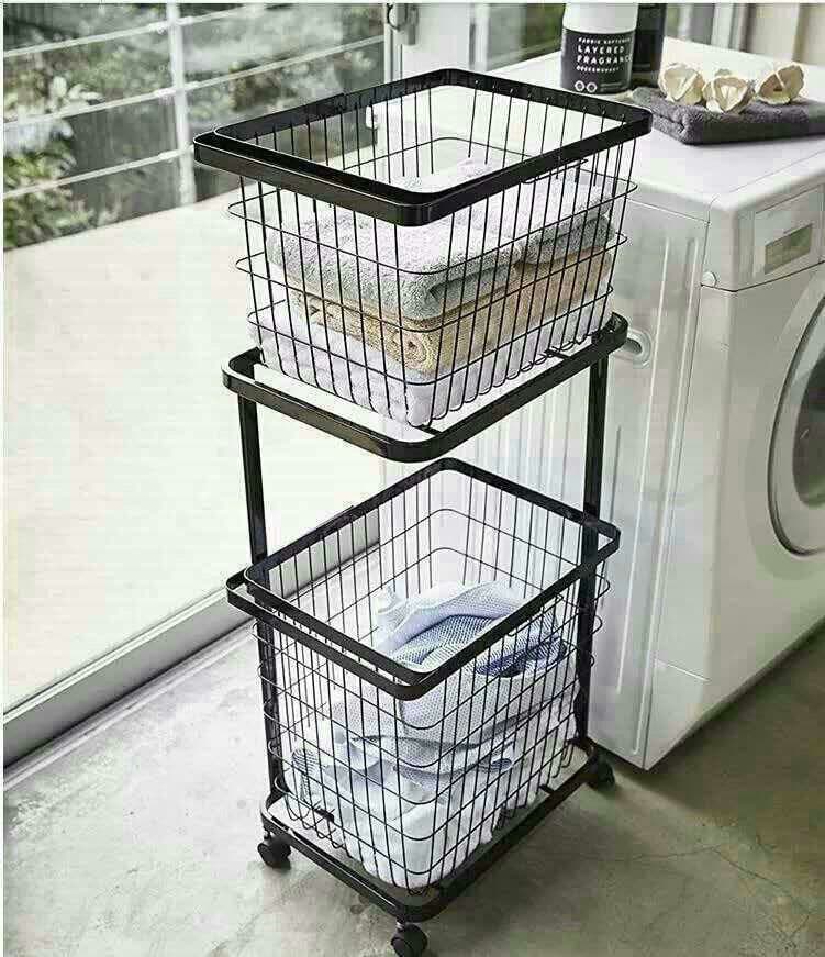 【大人気】洗濯かご ランドリーラックバスケット付き２段ワゴンナチュラル 白