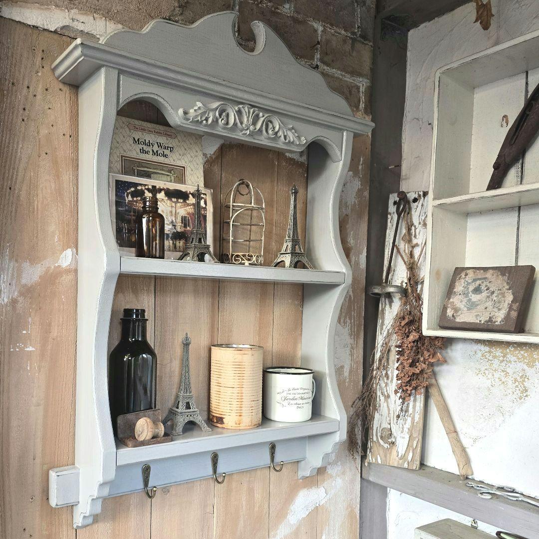 フレンチアンティークシャビー壁掛けシェルフ　ワイド450グレー　モール