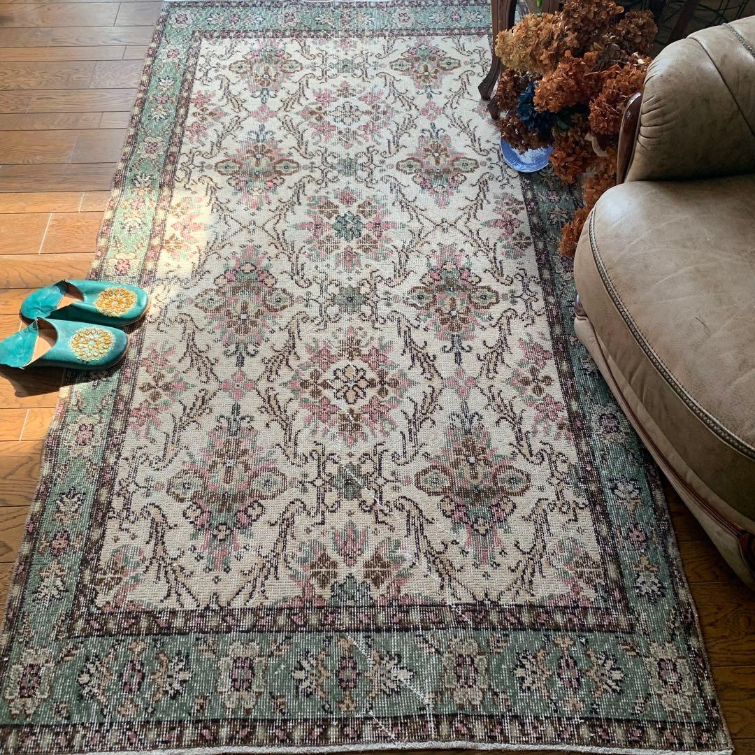 トルコヴィンテージラグ　204×108 くすみピンク　キャラメルベージュ　トルコ