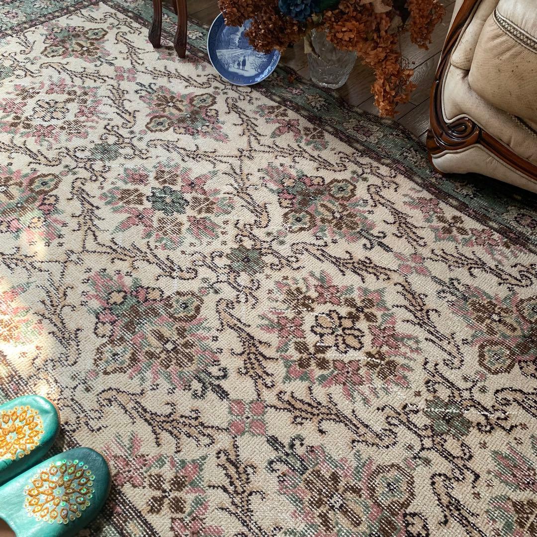 トルコヴィンテージラグ　204×108 くすみピンク　キャラメルベージュ　トルコ