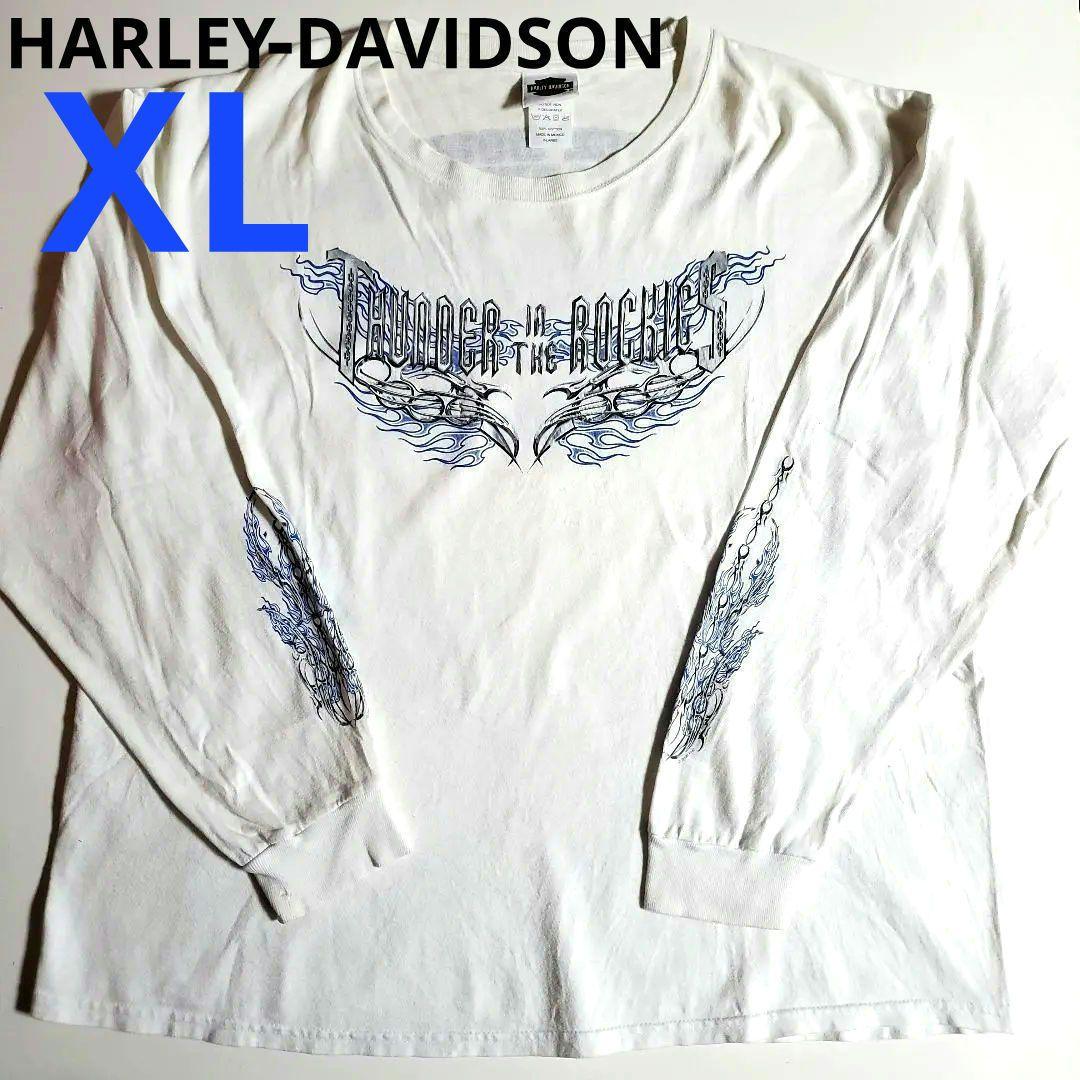 ハーレーダビッドソン　プリント　ロゴ　ファイアー　フレイム　白　長袖　ロングT