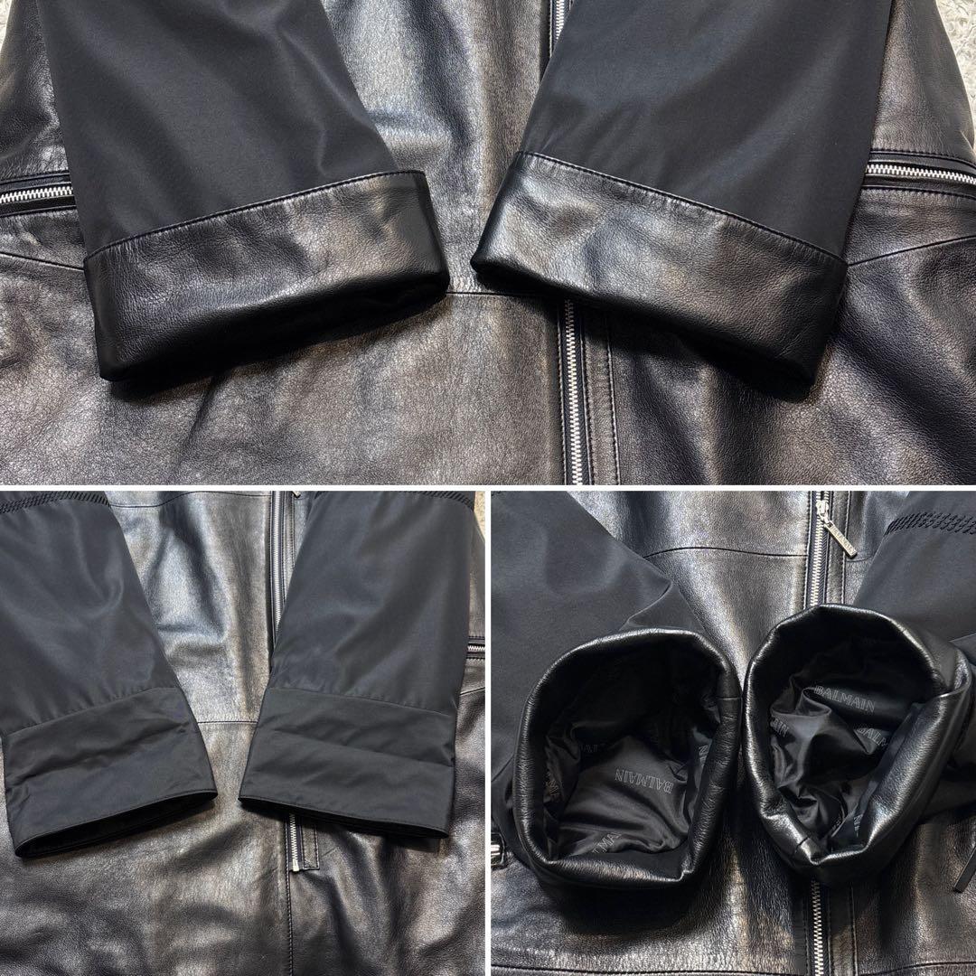 超希少☆極美品【バルマン】羊革　切り替え　ファー　フーデットレザーコート　黒　M