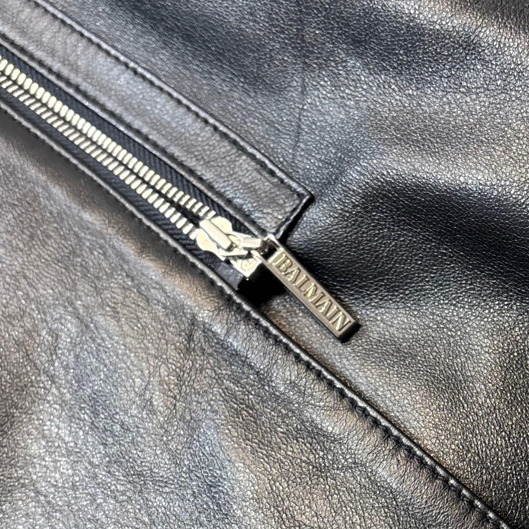 超希少☆極美品【バルマン】羊革　切り替え　ファー　フーデットレザーコート　黒　M