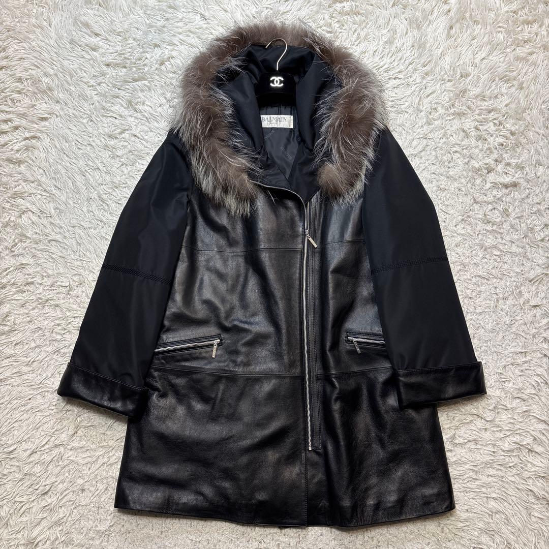 超希少☆極美品【バルマン】羊革　切り替え　ファー　フーデットレザーコート　黒　M
