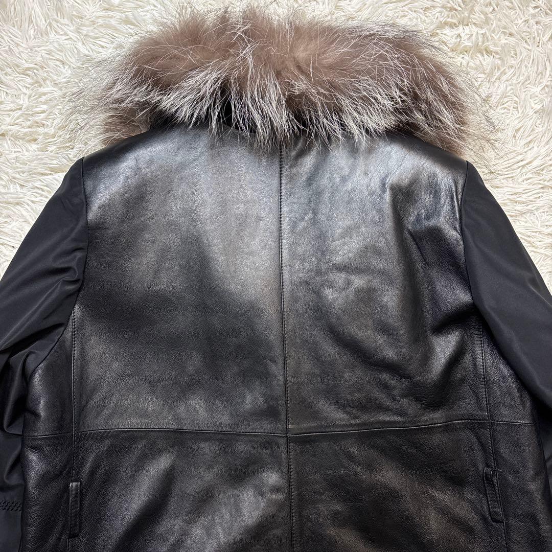 超希少☆極美品【バルマン】羊革　切り替え　ファー　フーデットレザーコート　黒　M
