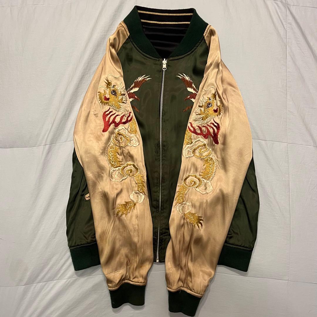 HOUSTON スカジャン XL オリーブ ブラック リバーシブル 虎 鷹 龍