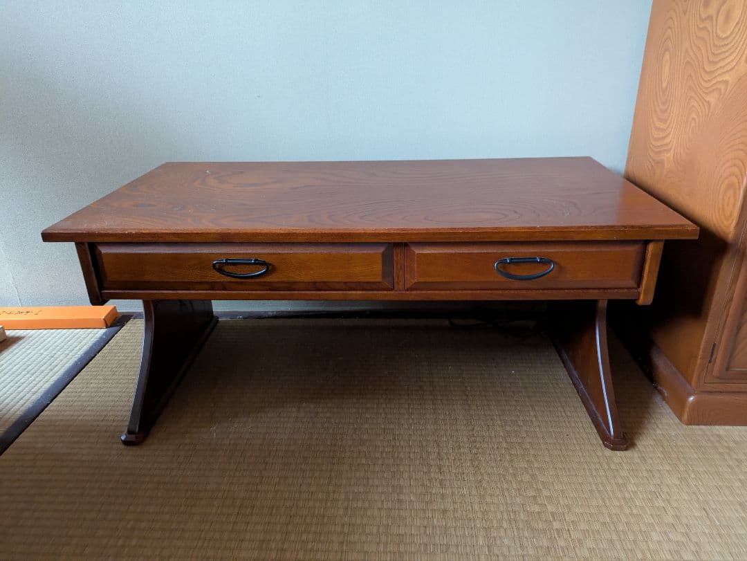 木製座卓 ダークブラウン 引き出し付き