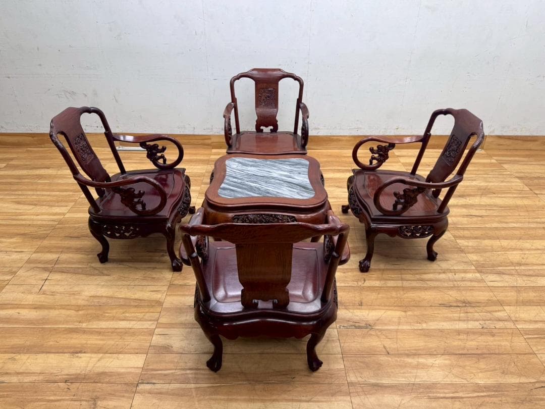T7560☆美品☆極上の逸品☆花梨無垢材☆応接5点セット☆彫刻☆重厚☆中国唐木