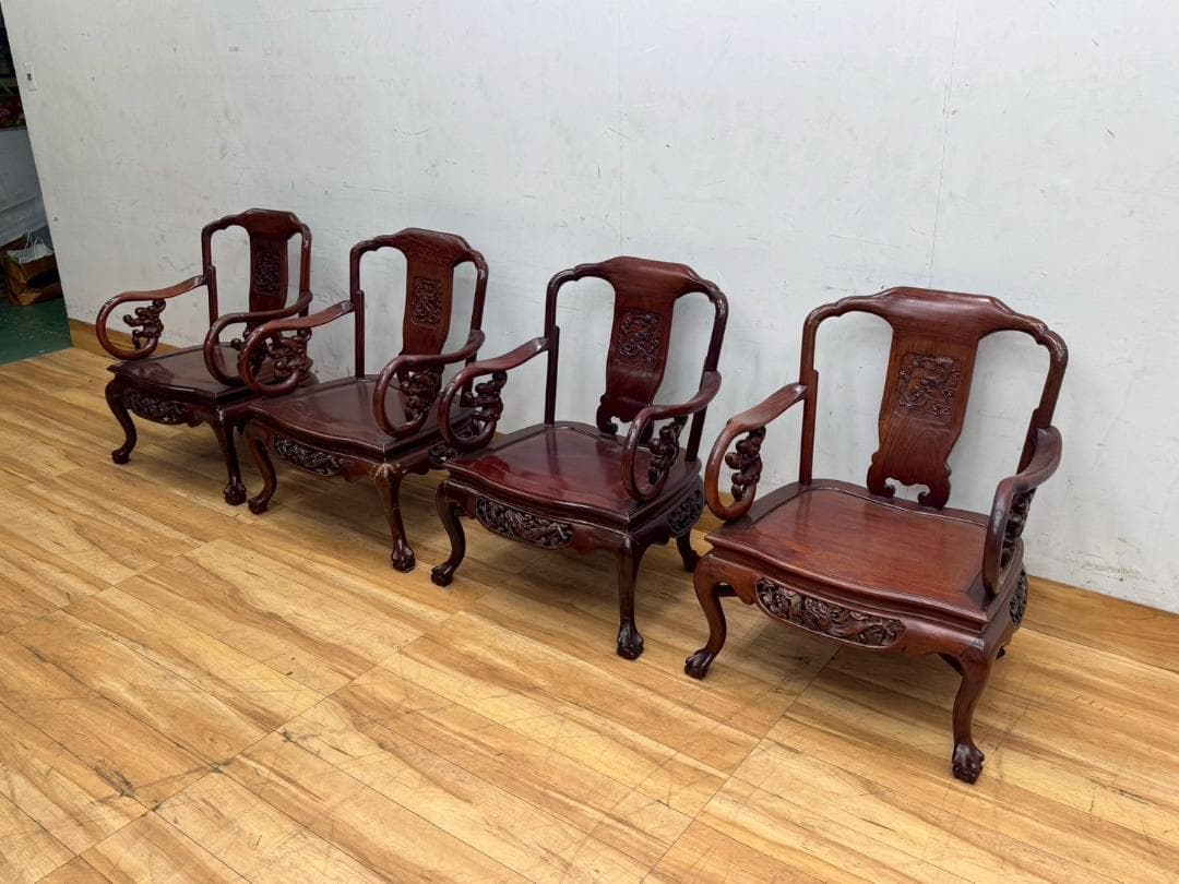 T7560☆美品☆極上の逸品☆花梨無垢材☆応接5点セット☆彫刻☆重厚☆中国唐木