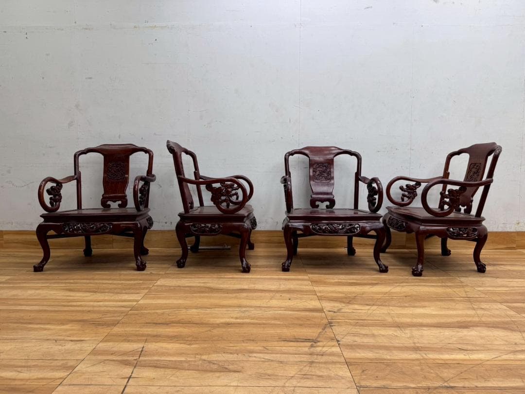 T7560☆美品☆極上の逸品☆花梨無垢材☆応接5点セット☆彫刻☆重厚☆中国唐木