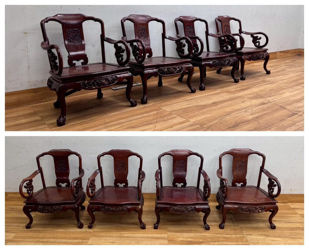 T7560☆美品☆極上の逸品☆花梨無垢材☆応接5点セット☆彫刻☆重厚☆中国唐木