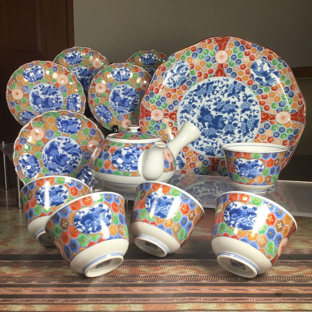 『メルうー特価』　庫山窯　『金彩獅子牡丹』　小皿　お茶茶碗　5組　急須　大皿