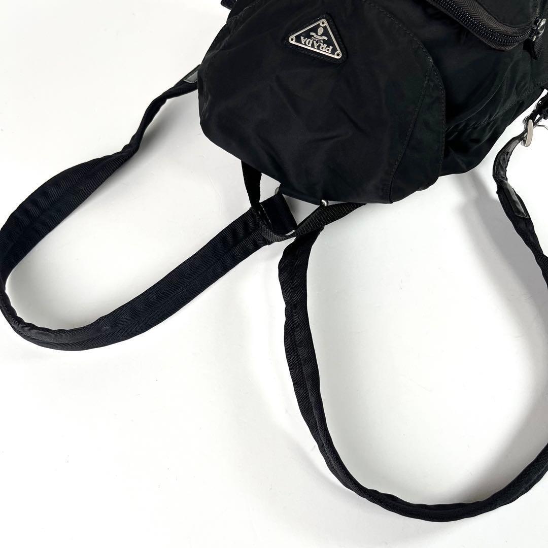 美品 プラダ リュック バックパック 巾着 ベルト 三角ロゴ ナイロン レザー