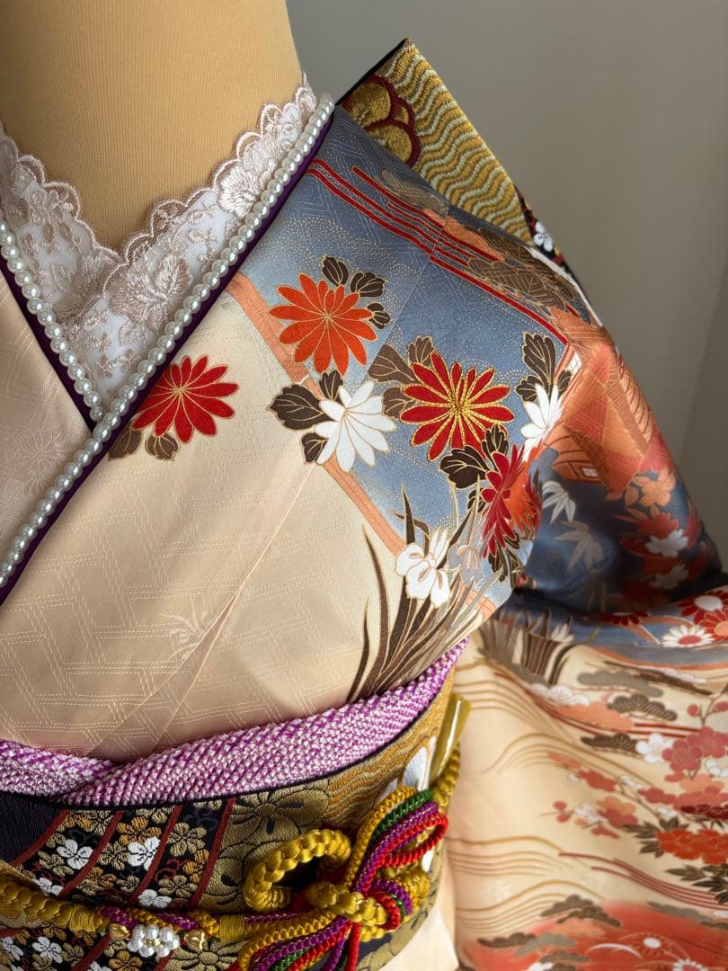 ♡ 【特別大特価❣️④】振袖フルセット　正絹　成人式　ベージュ系