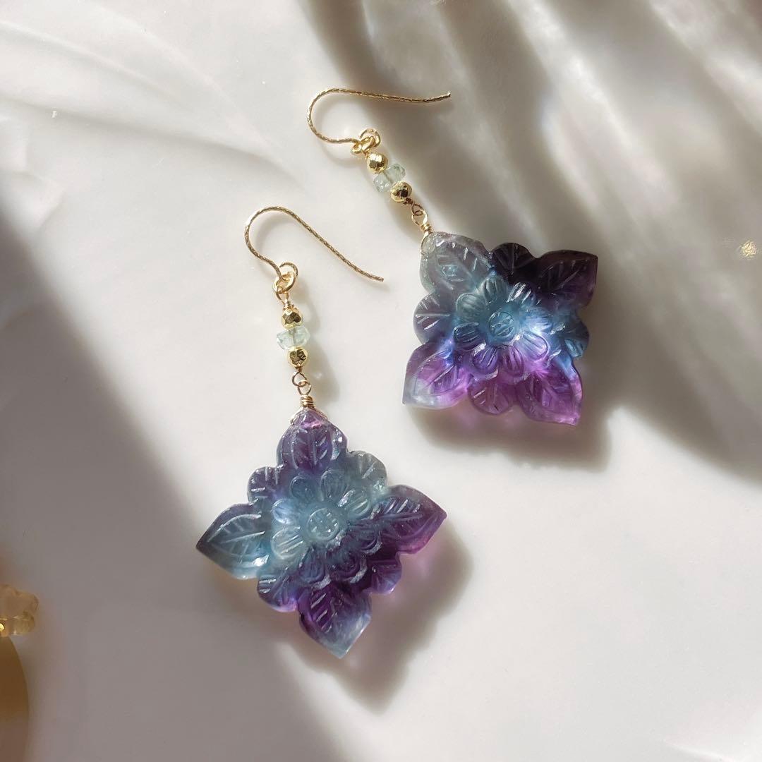 クーロ◆一点物✧バイカラーフローライト/MOP ダブレットストーンピアス