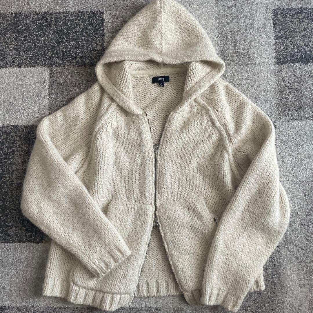 Stussy フード付きジップアップニットパーカー M クリーム