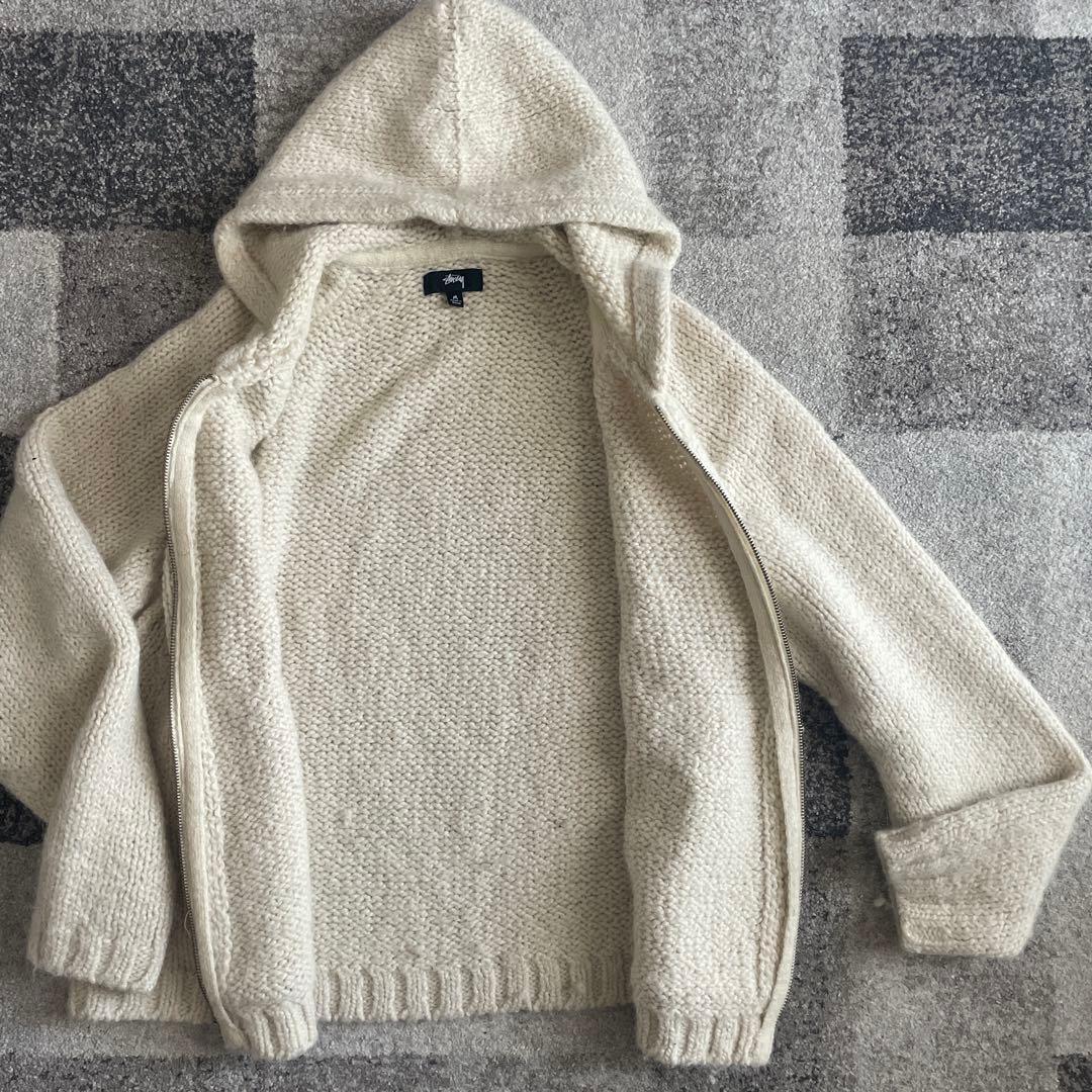 Stussy フード付きジップアップニットパーカー M クリーム