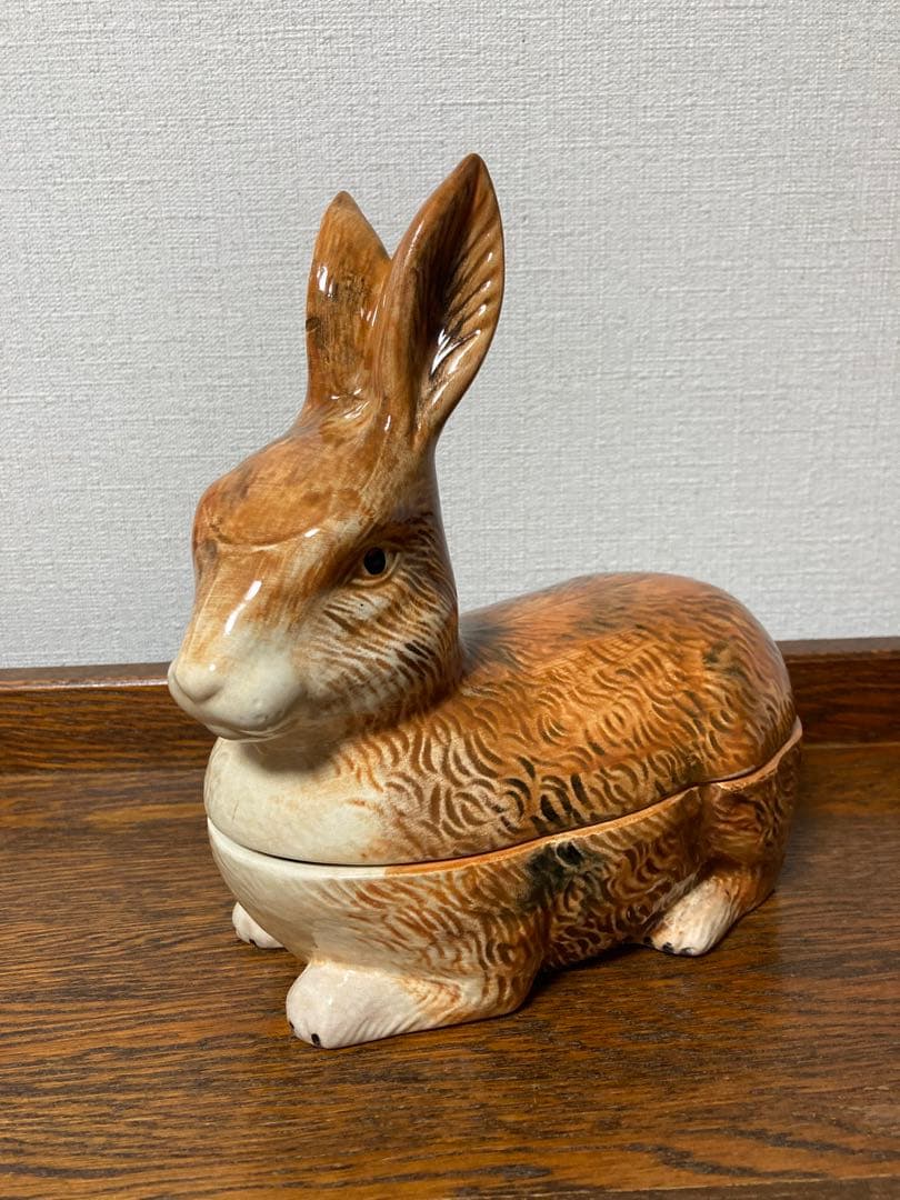 【WN７】フランス陶器☆うさぎ型テリーヌポット コーガン作 マジョリカ焼き