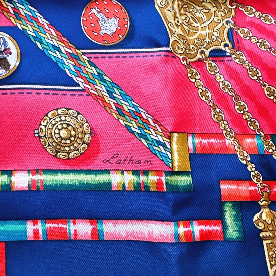 HERMESエルメスシルクスカーフカレ90ネイビー ピンクレッド結び方カード付き