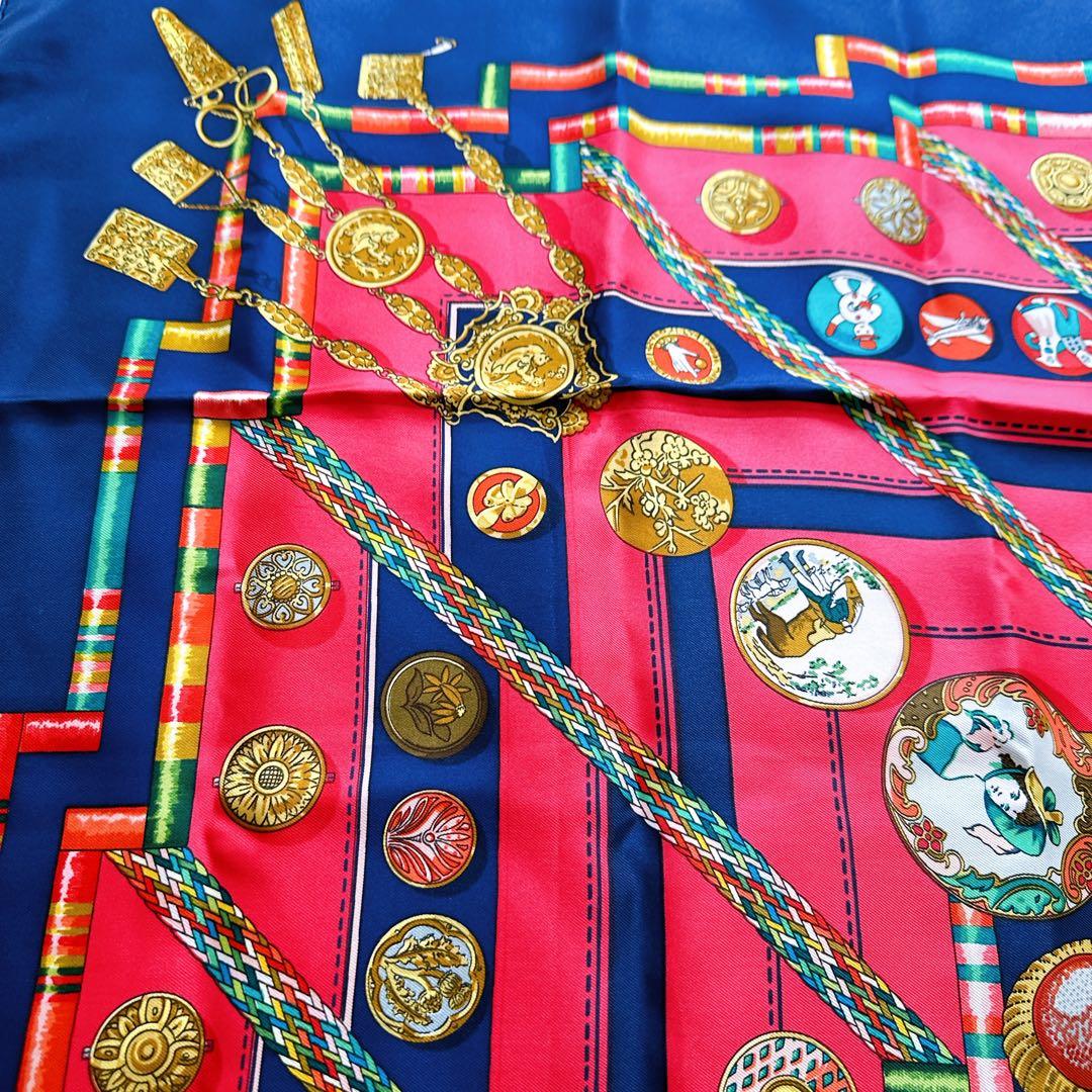 HERMESエルメスシルクスカーフカレ90ネイビー ピンクレッド結び方カード付き