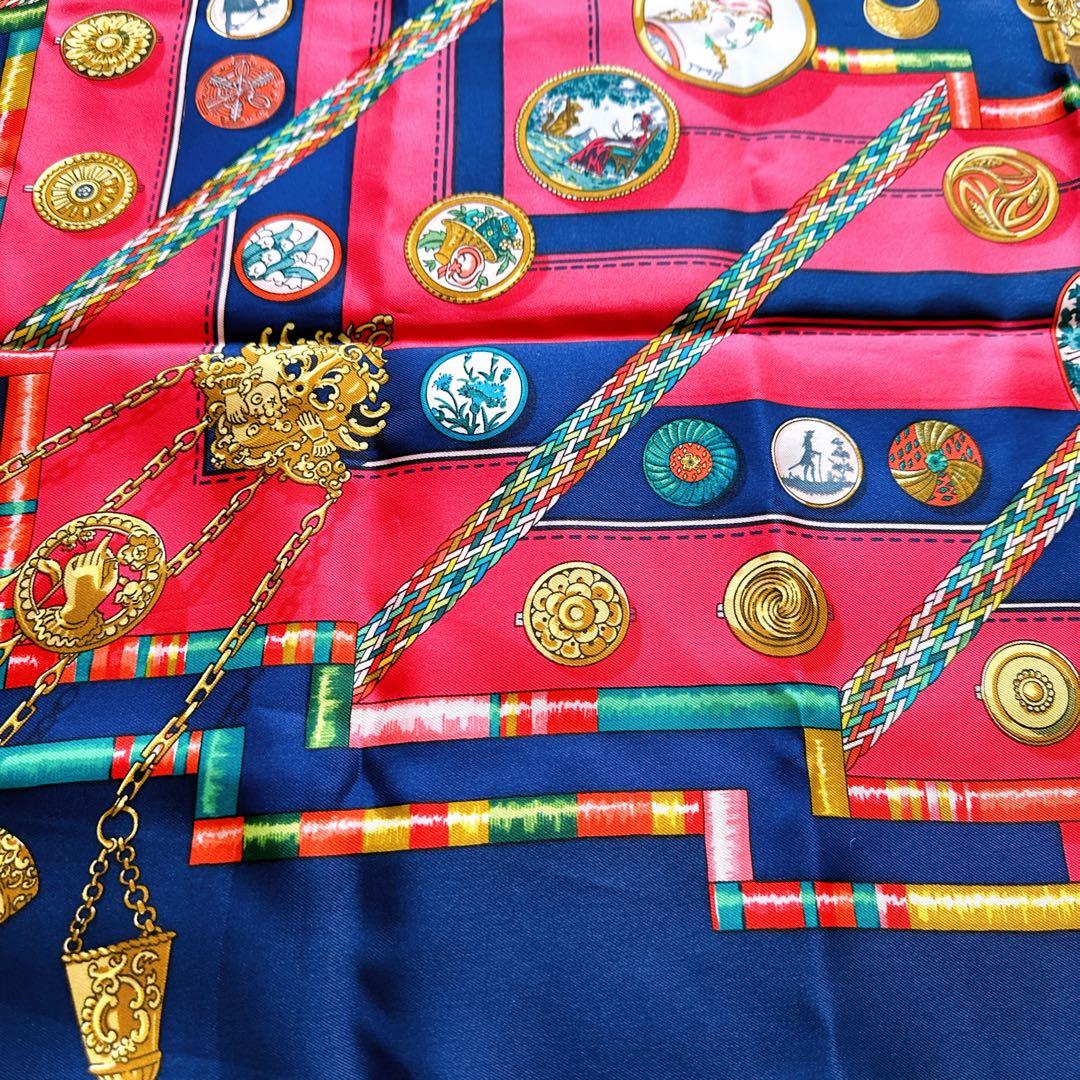 HERMESエルメスシルクスカーフカレ90ネイビー ピンクレッド結び方カード付き