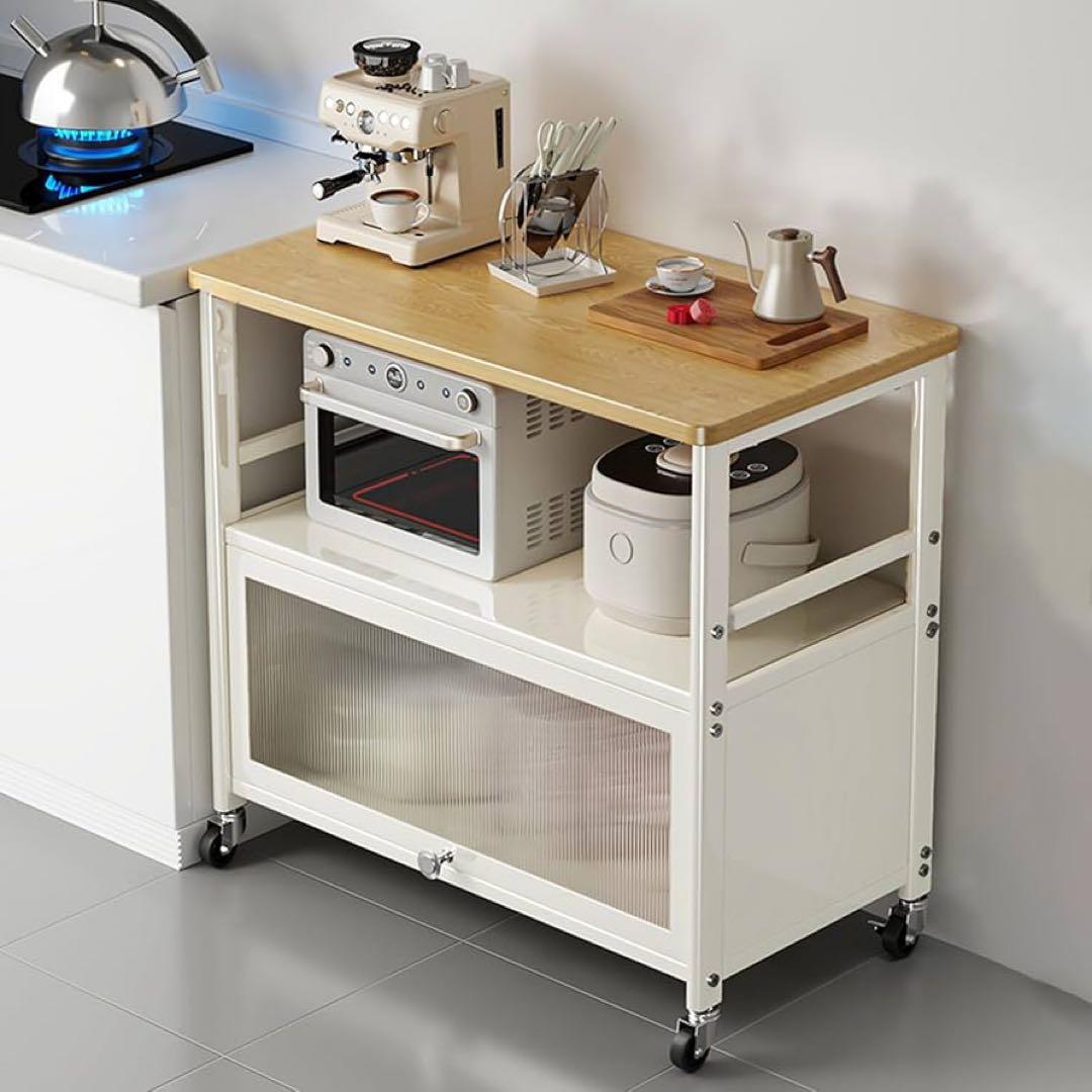 食器棚 レンジラックキャスター付きレンジ台 キッチンラック 扉付き クリーム色