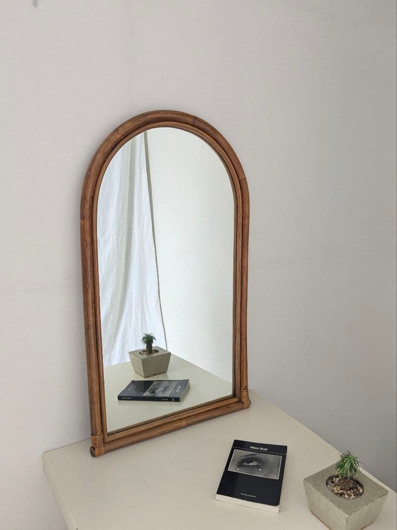 ヴィンテージ ラタン アーチ ウォールミラー オールドラタン モダン藤 レトロ