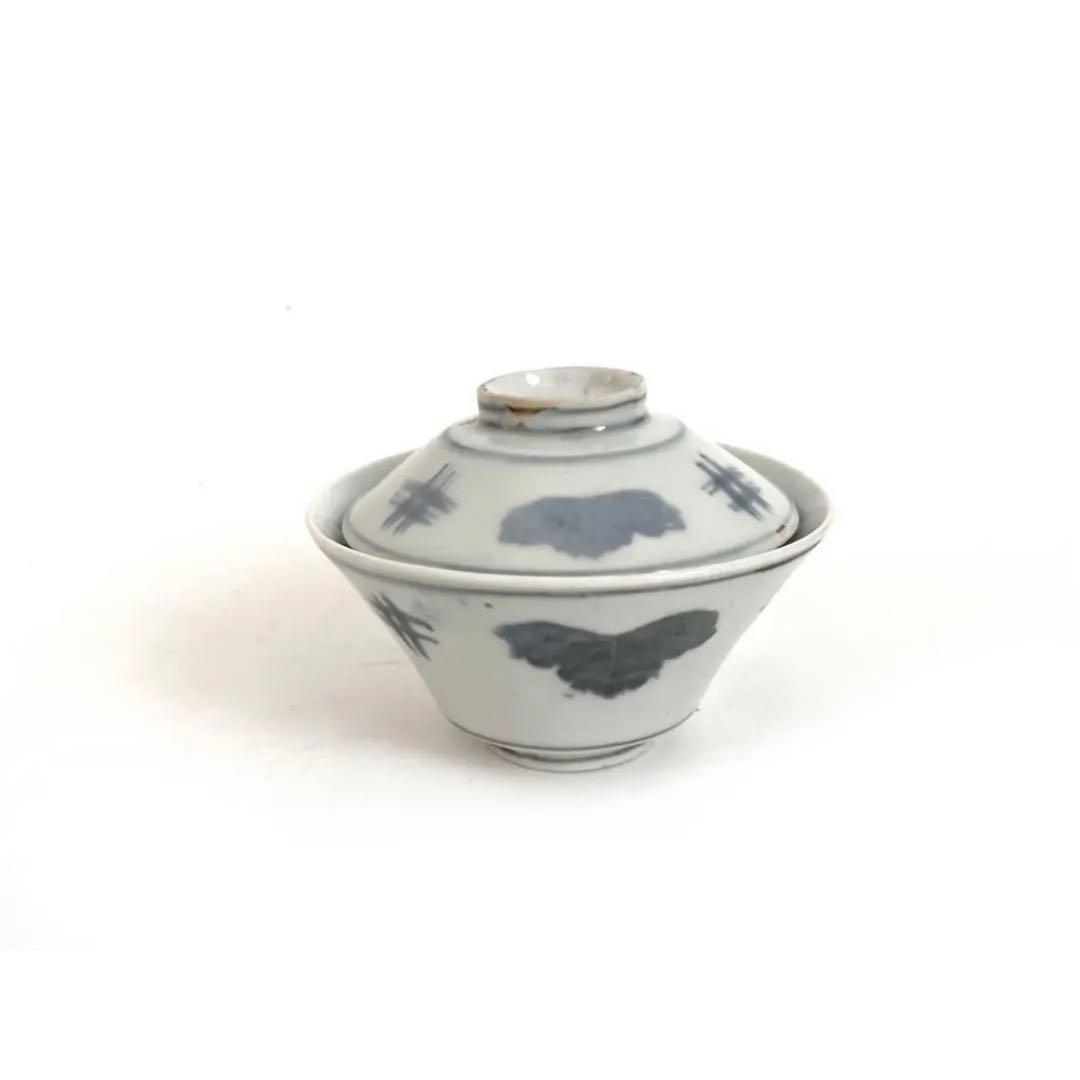 骨董　アンティーク　古伊万里　こんにゃく印判　井桁文様　蓋茶碗　初期伊万里　民藝