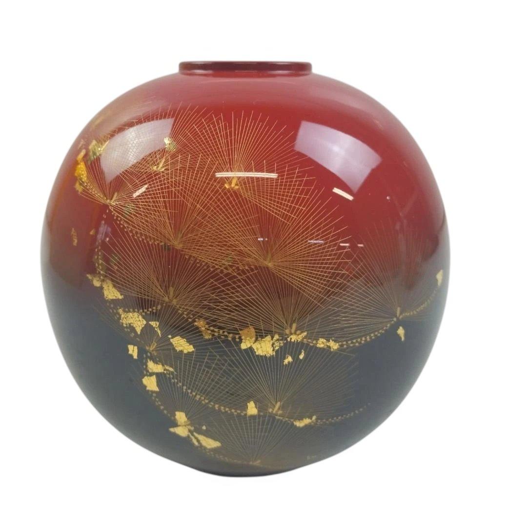 花器　輪島塗　漆器　黒朱ぼかし　朱黒松沈金　木箱　伝統工芸