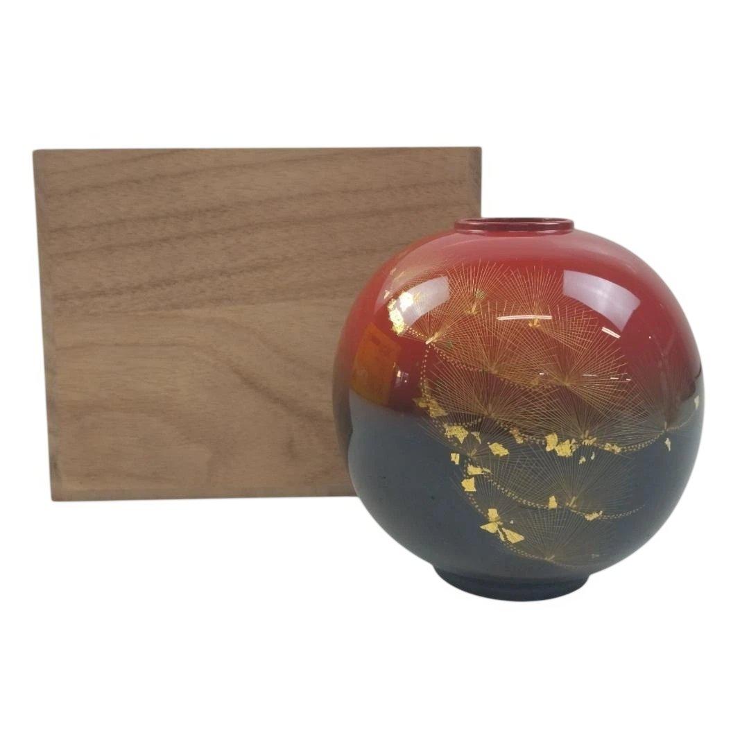 花器　輪島塗　漆器　黒朱ぼかし　朱黒松沈金　木箱　伝統工芸