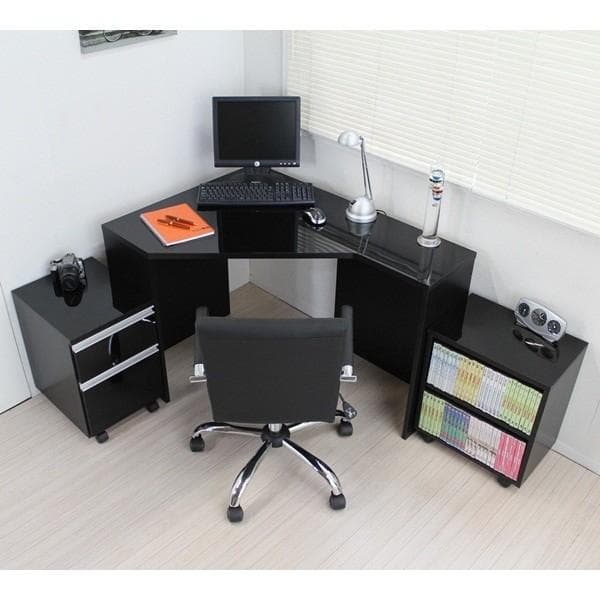 《新品・送料無料》コーナーデスク 高級ブラック鏡面 ハイタイプ デスク3点セット