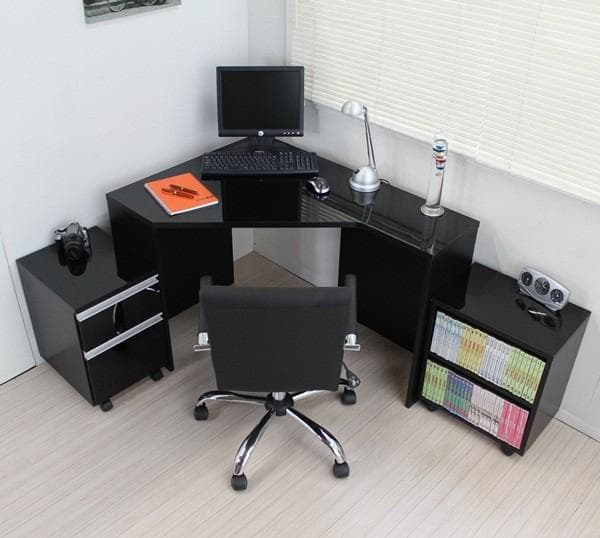 《新品・送料無料》コーナーデスク 高級ブラック鏡面 ハイタイプ デスク3点セット
