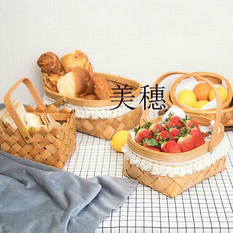 ピクニックバスケット網赤い用品竹編み卵かご果物買い物かごテーブルの上のスナッF