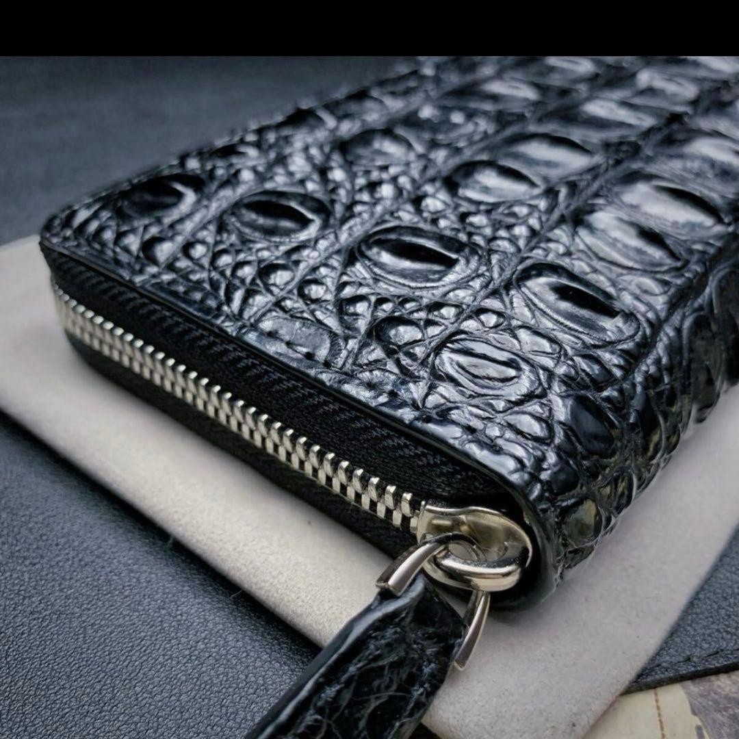 新品 クロコダイル ラウンドファスナー メンズ 長財布 背中革 綺麗黒 財布