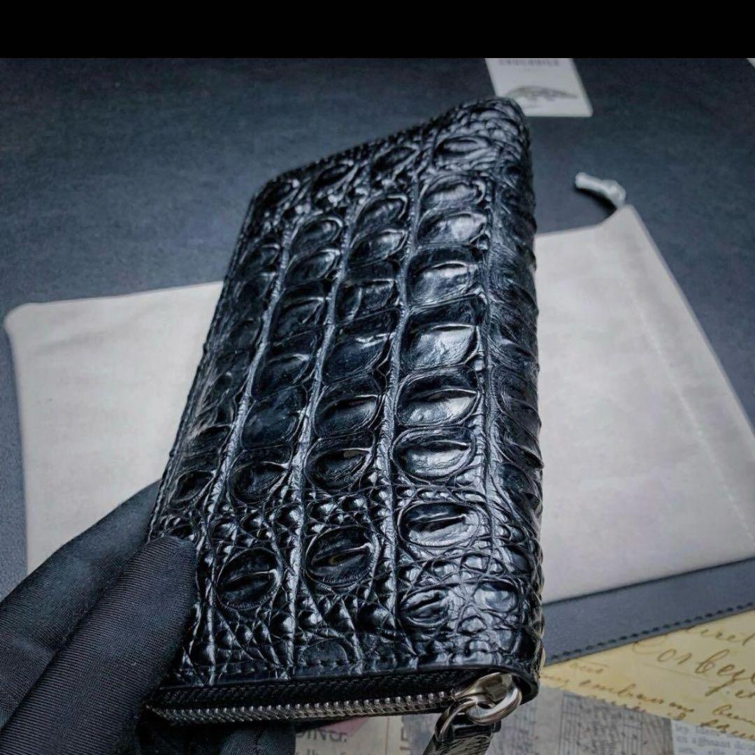 新品 クロコダイル ラウンドファスナー メンズ 長財布 背中革 綺麗黒 財布