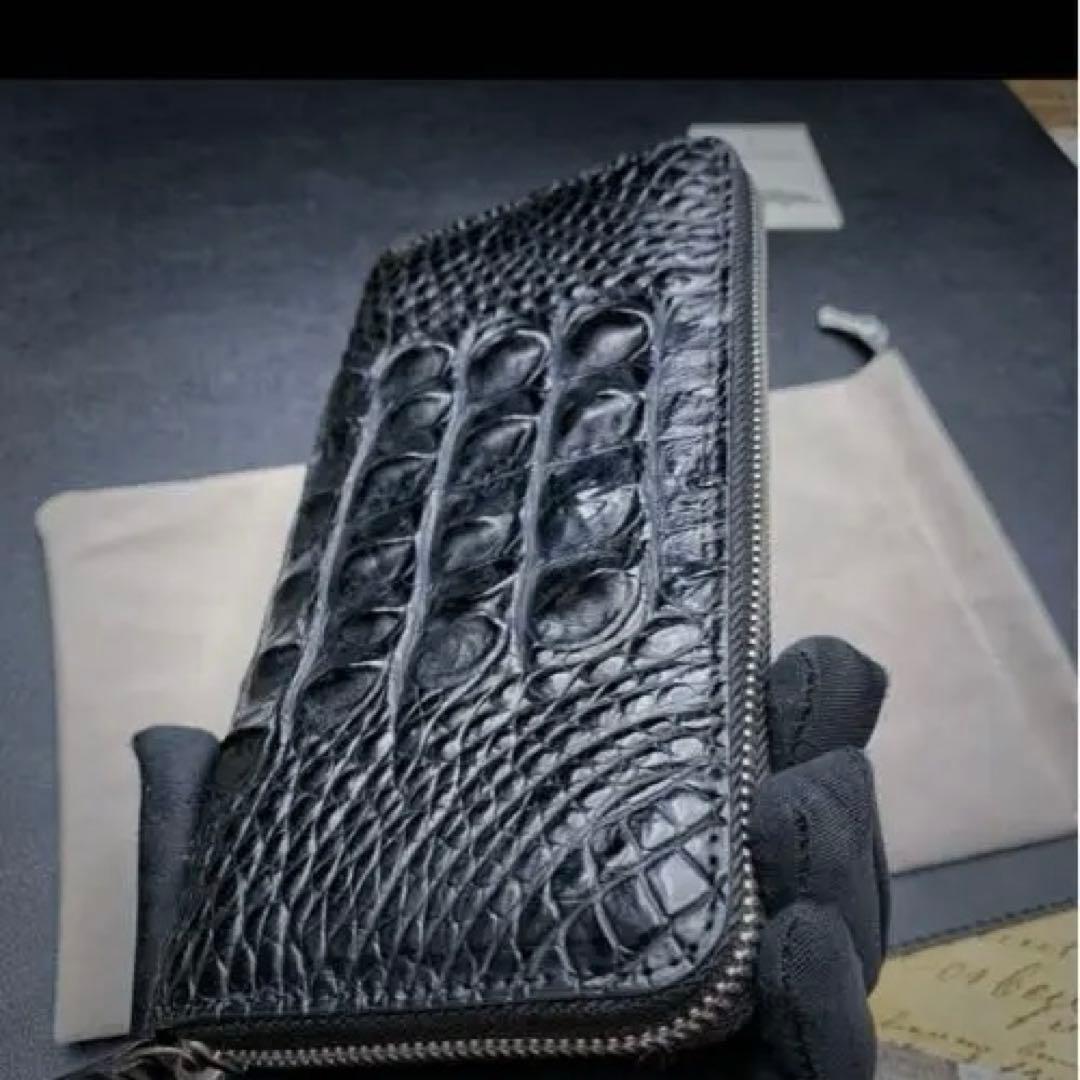 新品 クロコダイル ラウンドファスナー メンズ 長財布 背中革 綺麗黒 財布