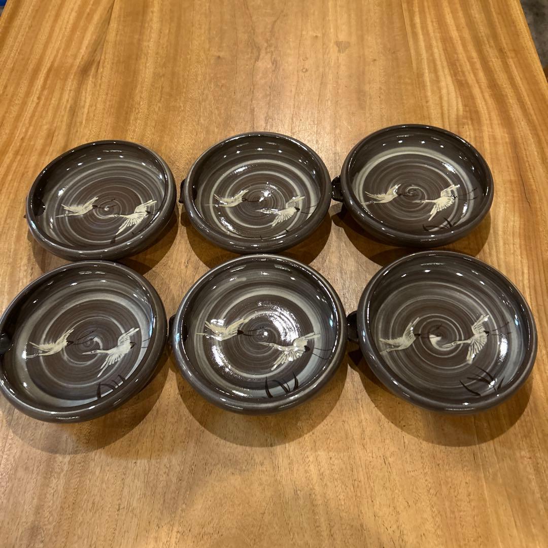 小田志焼　松保窯　久保正敏　片口平鉢　現川鷺文　鶴　六枚　希少